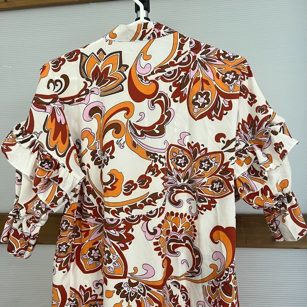 Boho Paisley Floral Ruffle Sleeve Empire Waist Mini Dress Orange Brown White S * - Picture 10 of 13